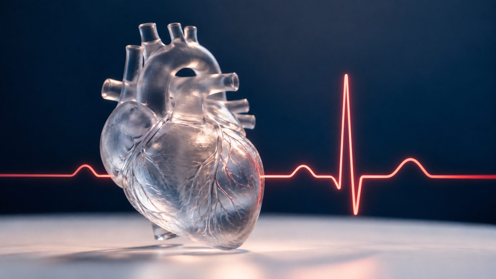 Translucent glass model of a human heart with a glowing red heartbeat trail