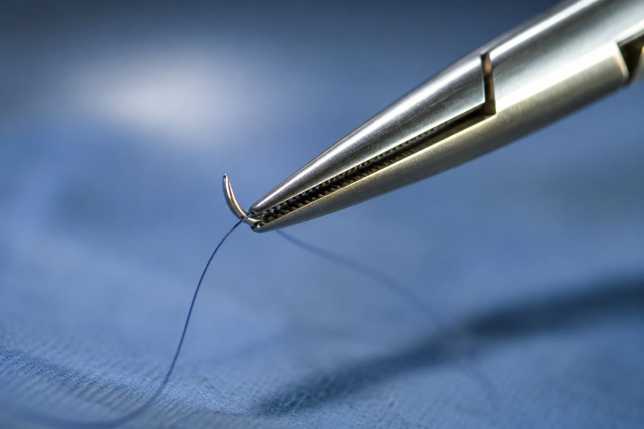 Surgical instrument with fine suture on a blue sterile field
